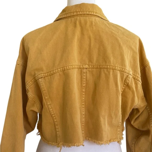 PacSun Mustard Yellow Cropped Jean Jacket Women’s Sz XS Raw Frayed Hem Denim - Picture 9 of 14